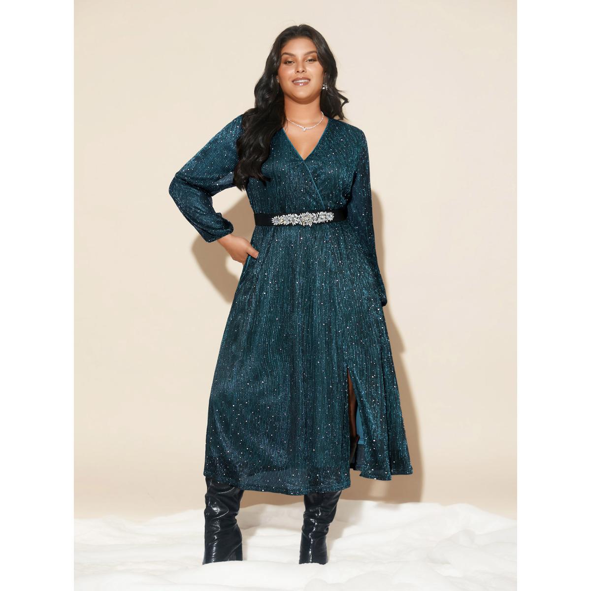 Plus Size Stretchy Gold Foil Surplice Neckline Midi Dress Burgundy Women Cocktail Texture Party Curvy Bloomchic 30/6X Product Image