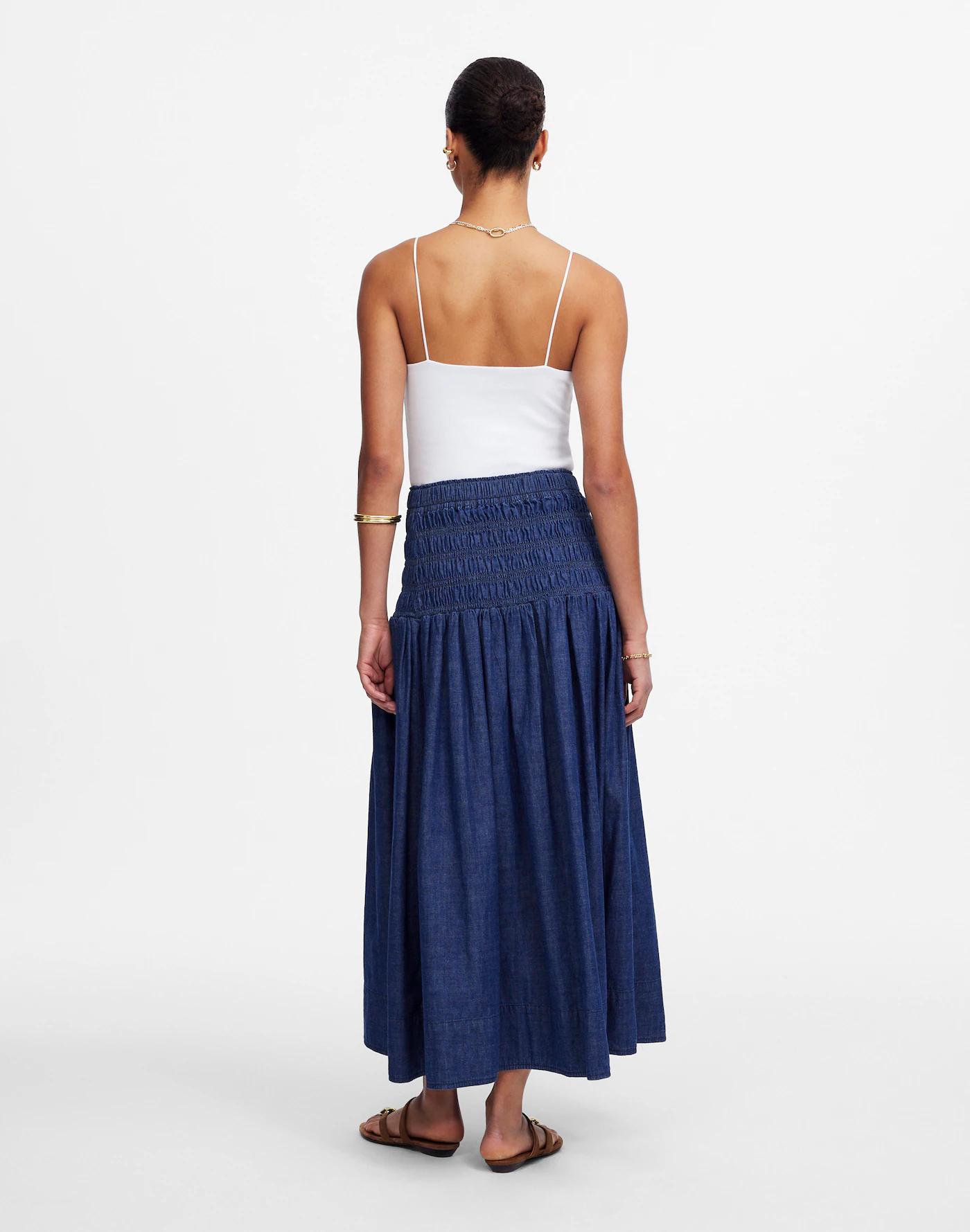 Smocked-Waist Denim Midi Skirt Product Image