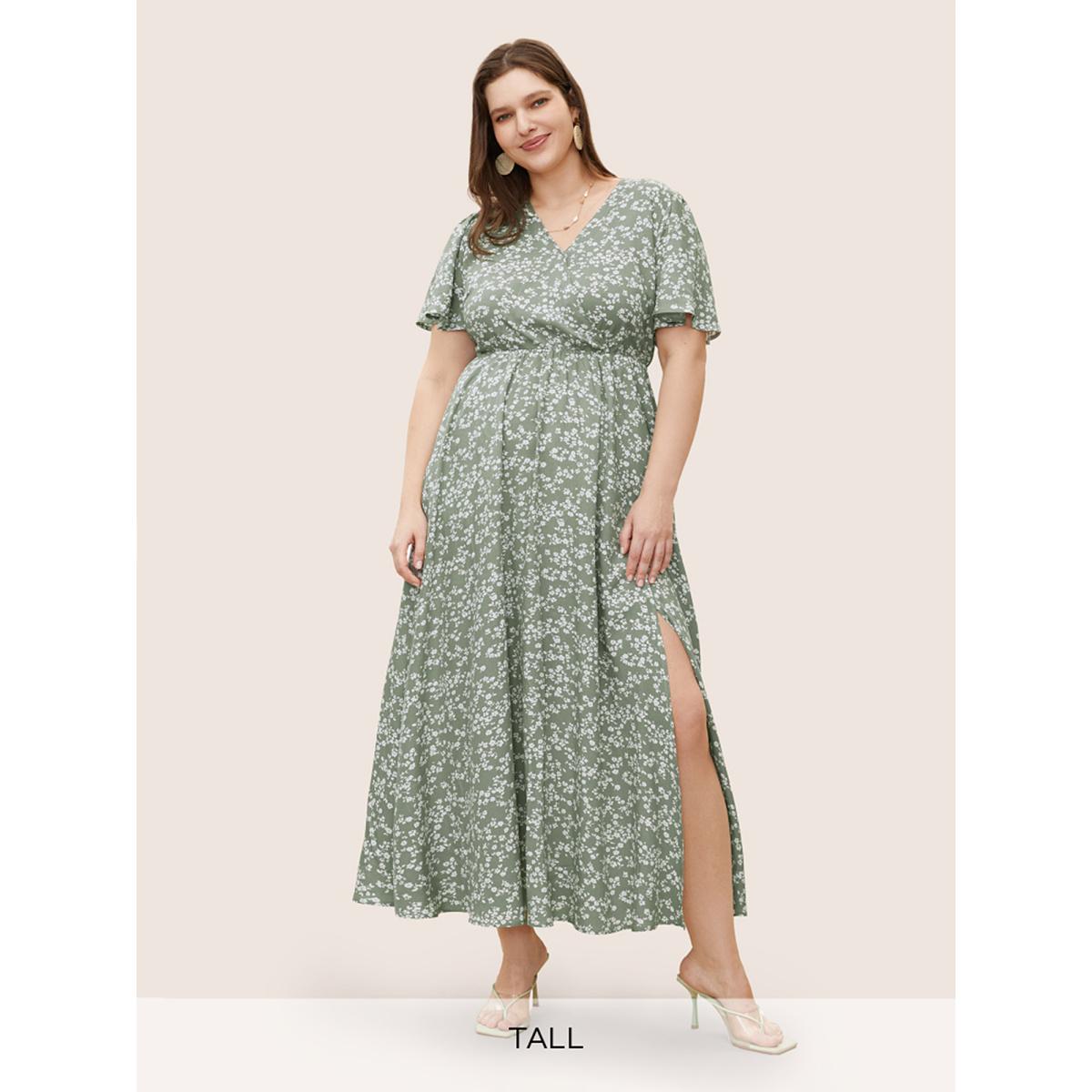 Plus Size Bloom Dress - Flutter Sleeve Ditsy Floral Pocket Split Maxi Dress Palemauve Women Romantic Slit V-neck Half Sleeve Curvy Long Dress BloomChic 14-16/1X Product Image