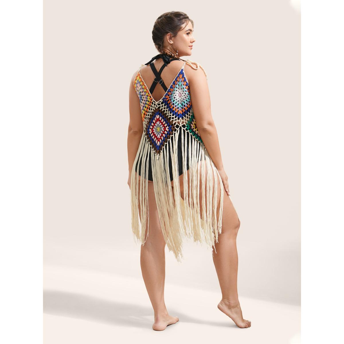 Plus Size Geometric Crochet Fringe Hem Swim Cover Up Women's Swimwear Apricot Beach Texture Curve Swim Cover Ups BloomChic 12/L Product Image