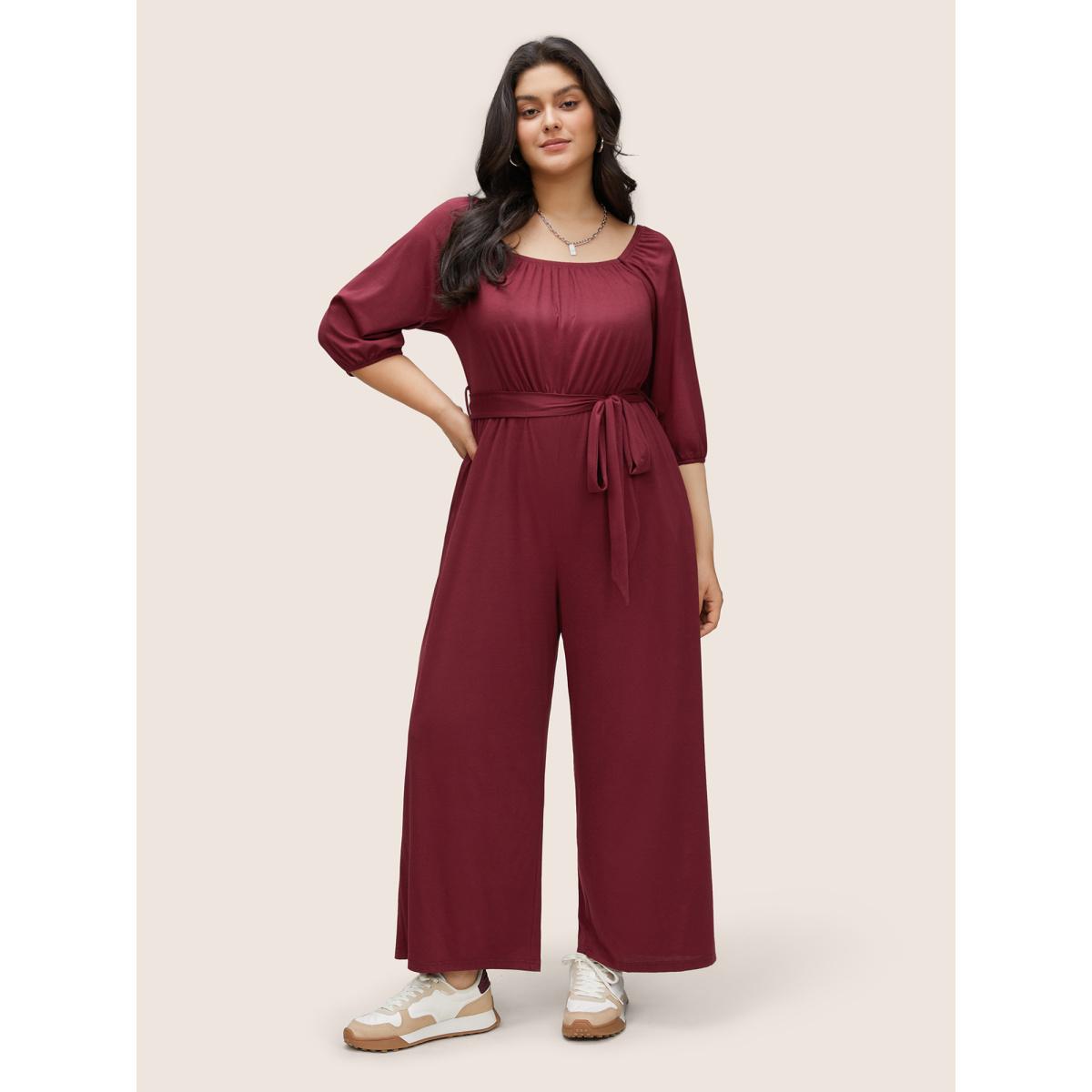 Plus Size Scarlet Supersoft Essentials Plain Belted Gathered Jumpsuit Women Casual Elbow-length sleeve Square Neck Everyday Loose Jumpsuits BloomChic 18-20/2X Product Image