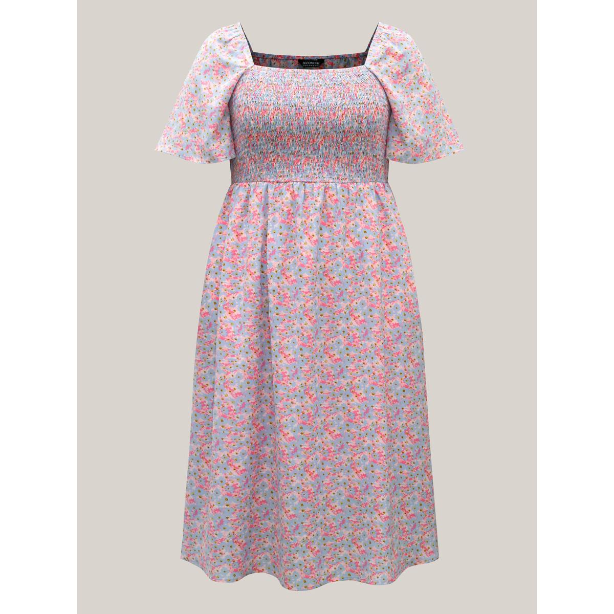 Plus Size Floral Print Shirred Pockets Midi Dress Blush Women Square Neck Short sleeve Curvy BloomChic 12/L Product Image