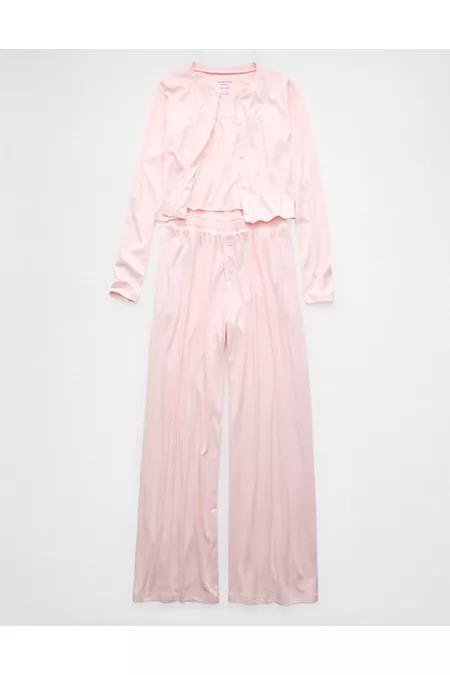 AE 3-Piece Pointelle Plush Cardigan Pajama Set Womens Product Image