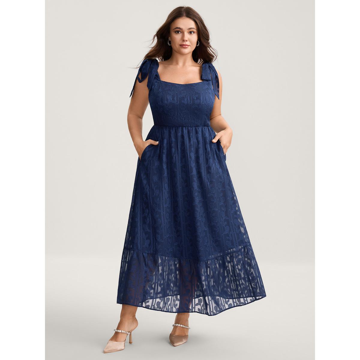 Plus Size Textured Shoulder Tie Cami Midi Dress DarkBlue Women Heart neckline Sleeveless Curvy BloomChic 30/6X Product Image