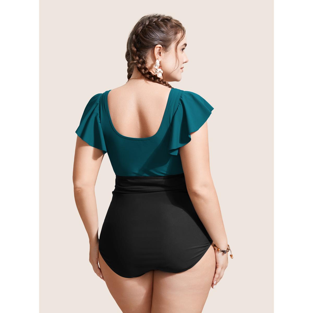 Plus Size Two Tone Gathered Ruffle Sleeve One Piece Swimsuit Women's Swimwear Cyan Beach Twist Curve Bathing Suits High stretch One Pieces BloomChic 28/5X Product Image