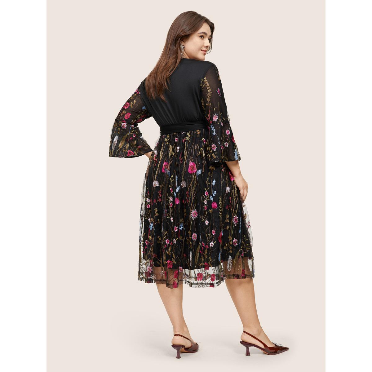 Plus Size Floral Embroidered Mesh Patchwork Bell Sleeve Dress Black Women Glamour Lined V-neck Elbow-length sleeve Curvy Midi Dress BloomChic 14-16/1X Product Image
