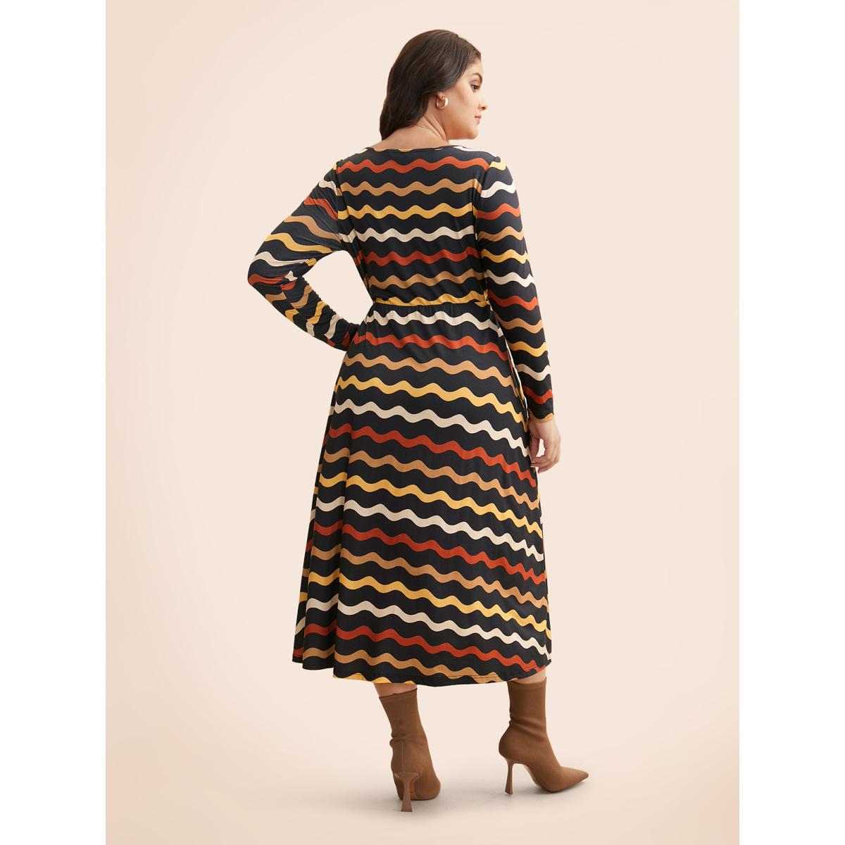 Plus Size Round Neck Contrast Striped Midi Dress BlackFlower Women Elegant Contrast Round Neck Long Sleeve Curvy BloomChic 30/6X Product Image