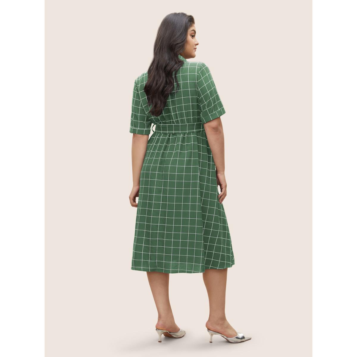 Plus Size Plaid Belted Shirt Collar Cuffed Sleeve Dress Palemauve Women At the Office Non Shirt collar Short sleeve Curvy Midi Dress BloomChic 14-16/1X Product Image