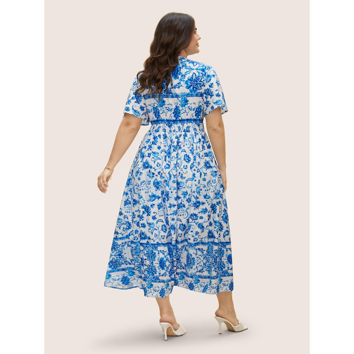 Plus Size Notched Collar Boho Print Shirred Dress Mediumblue Women Elegant Shirred Notched collar Short sleeve Curvy BloomChic 14-16/1X Product Image