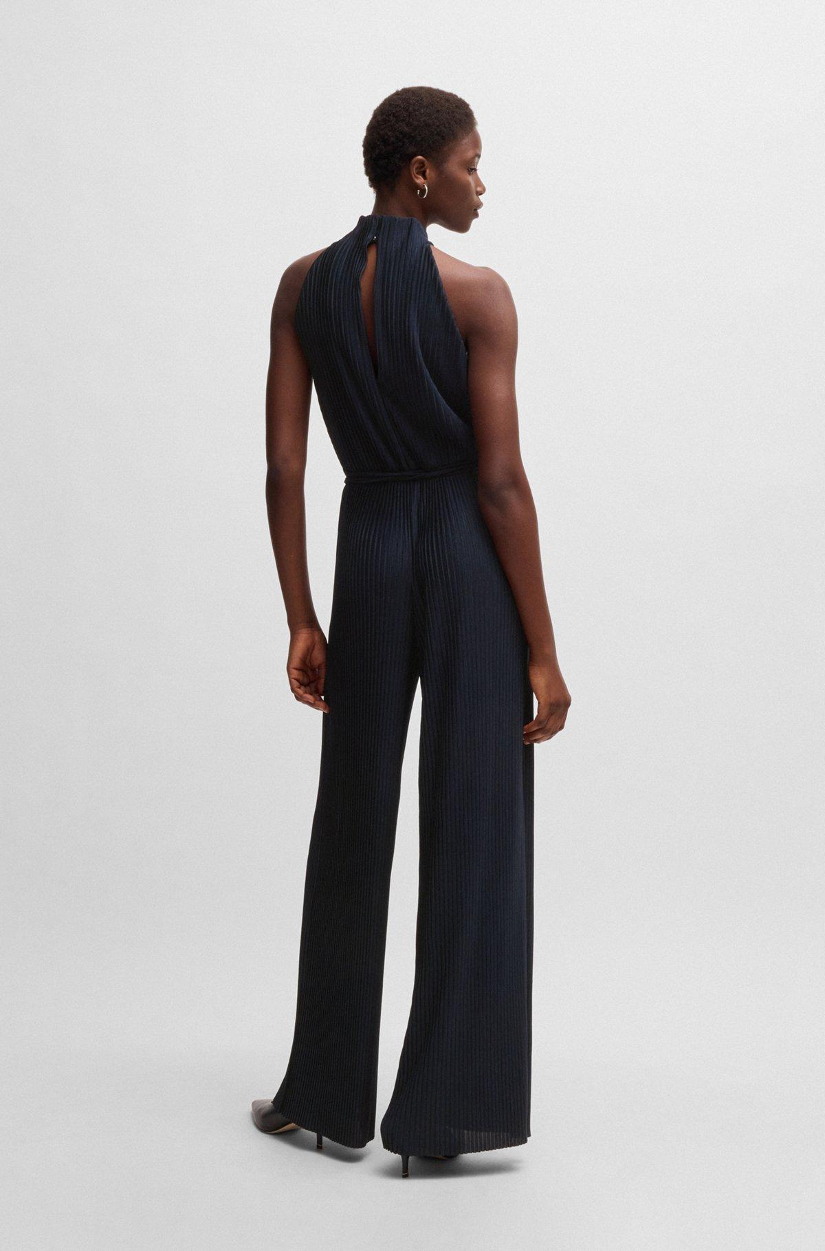 BOSS - Sleeveless jumpsuit with plissé pleats and tie belt - Dark Blue Product Image