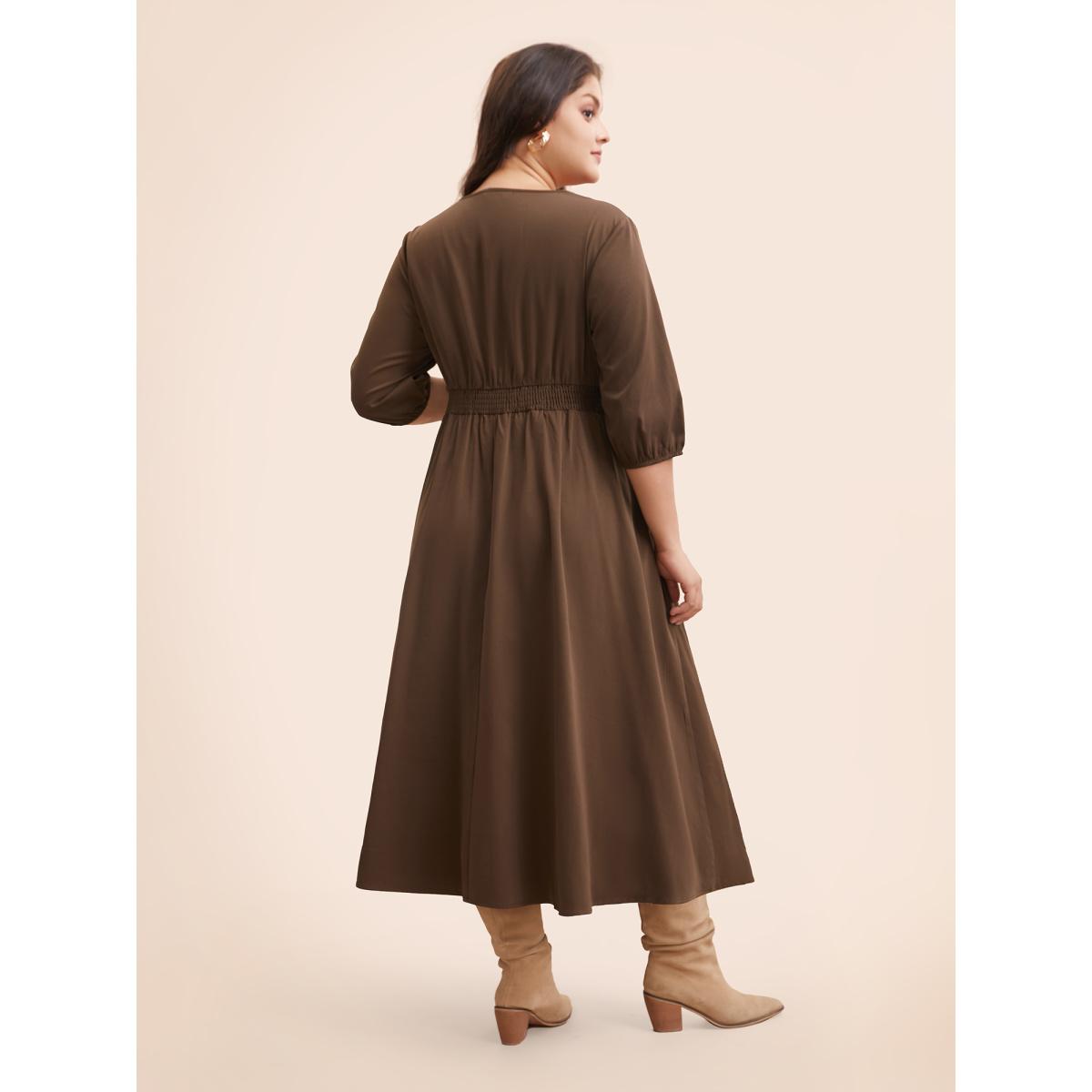 Plus Size V Neck Shirred Ruched Midi Dress DarkBrown Women Elegant Gathered V-neck Elbow-length sleeve Curvy BloomChic 26/4X Product Image