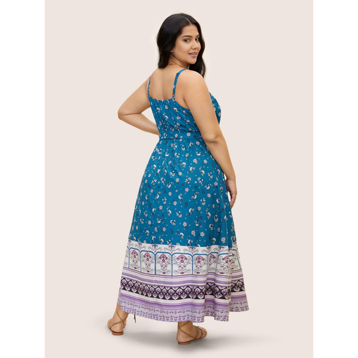 Plus Size Boho Print Patchwork Belted Cami Dress Cerulean Women Resort Belted Non Sleeveless Curvy BloomChic 26/4X Product Image
