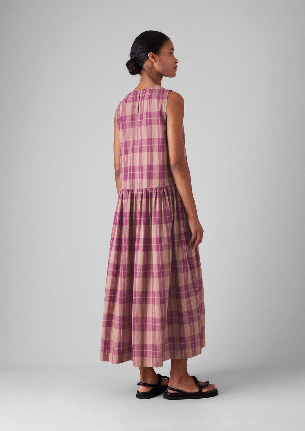 Check Cotton Gathered Waist Dress | Raspberry Product Image