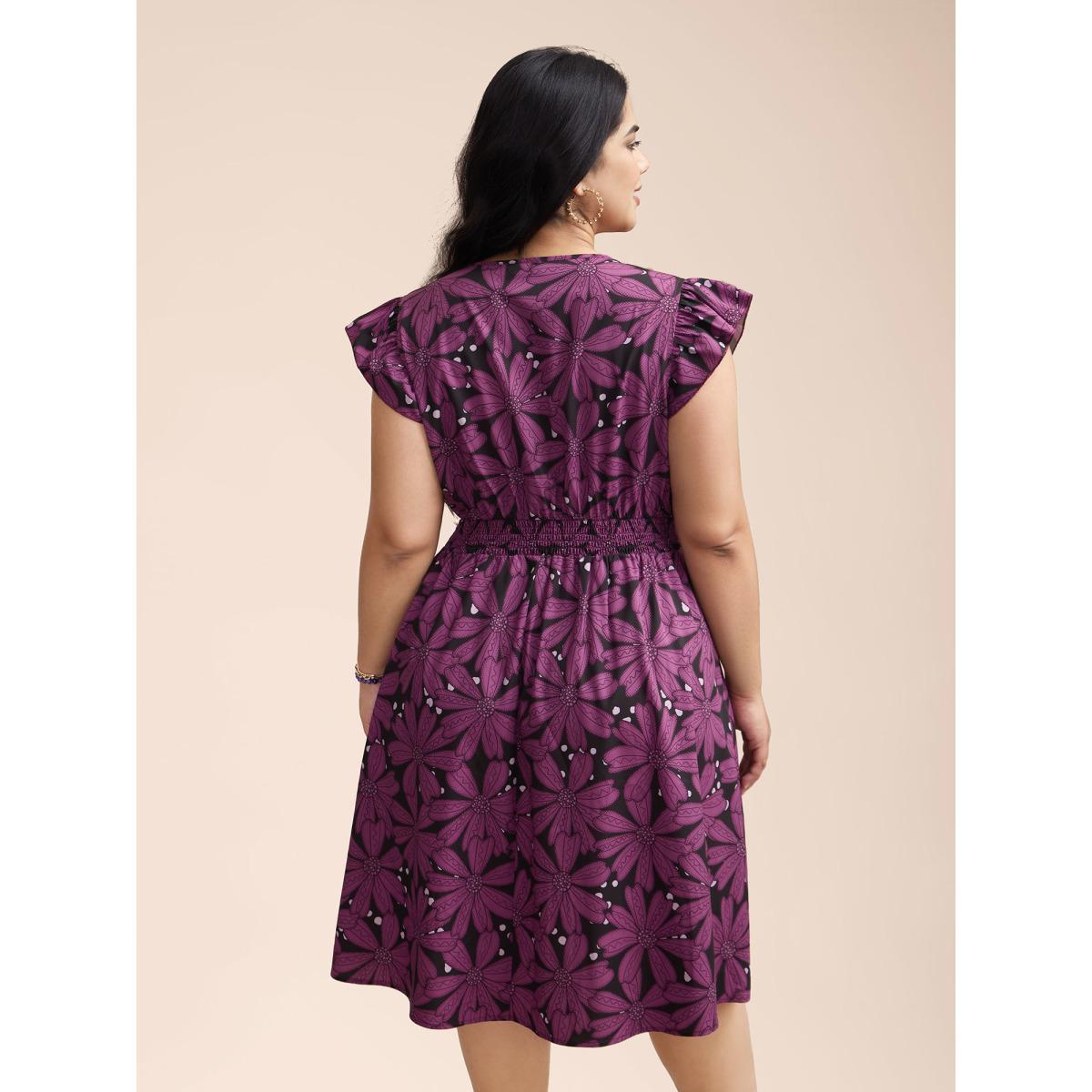 Plus Size Surplice Neck Floral Shirred Elastic Waist Midi Dress DarkViolet Women Timeless Shirred Overlap Collar Cap Sleeve Curvy BloomChic 26/4X Product Image