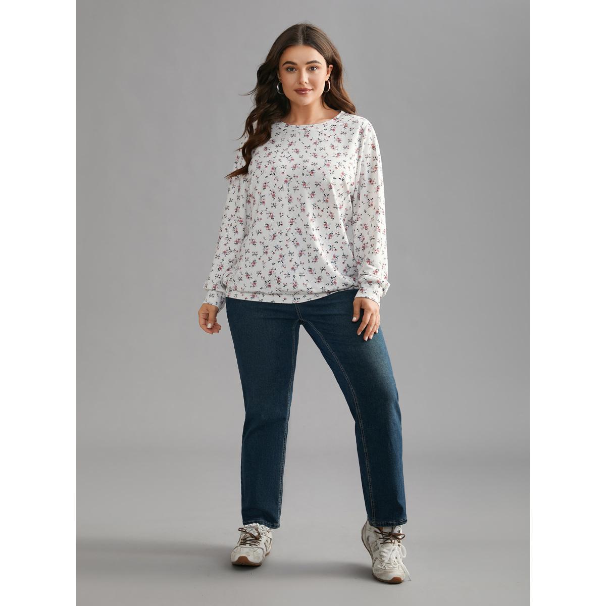 Plus Size Ditsy Floral Round Neck Sweatshirt Women Multicolor Casual Contrast Loose Round Neck Everyday Sweatshirts BloomChic 30/6X Product Image