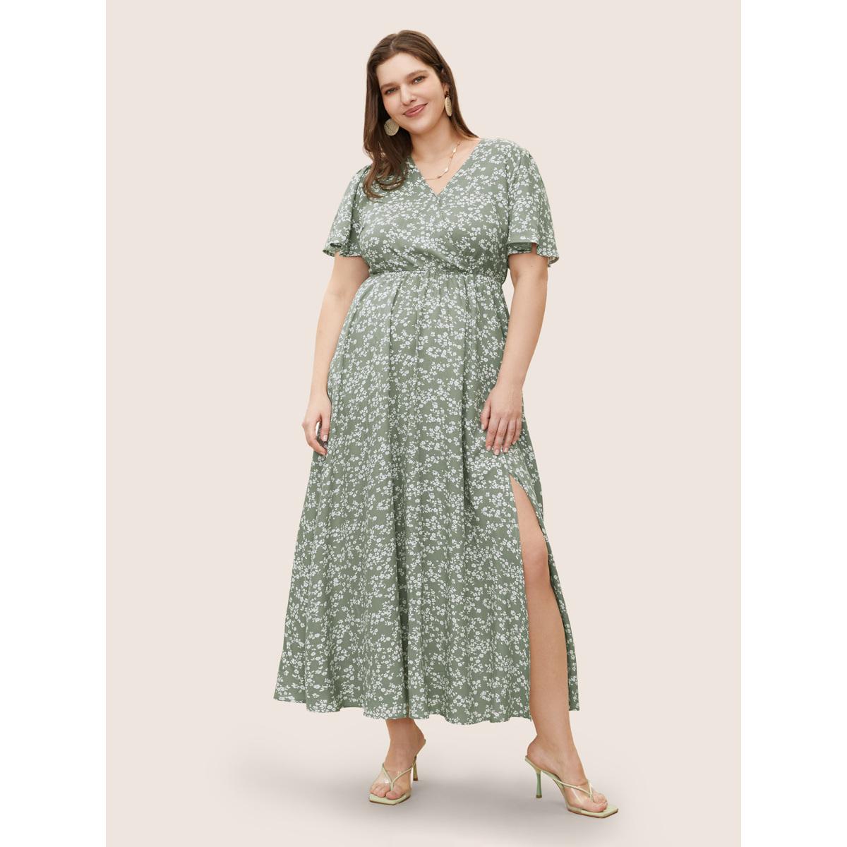 Plus Size Bloom Dress - Flutter Sleeve Ditsy Floral Pocket Split Maxi Dress Palemauve Women Romantic Slit V-neck Half Sleeve Curvy Long Dress BloomChic 14-16/1X Product Image