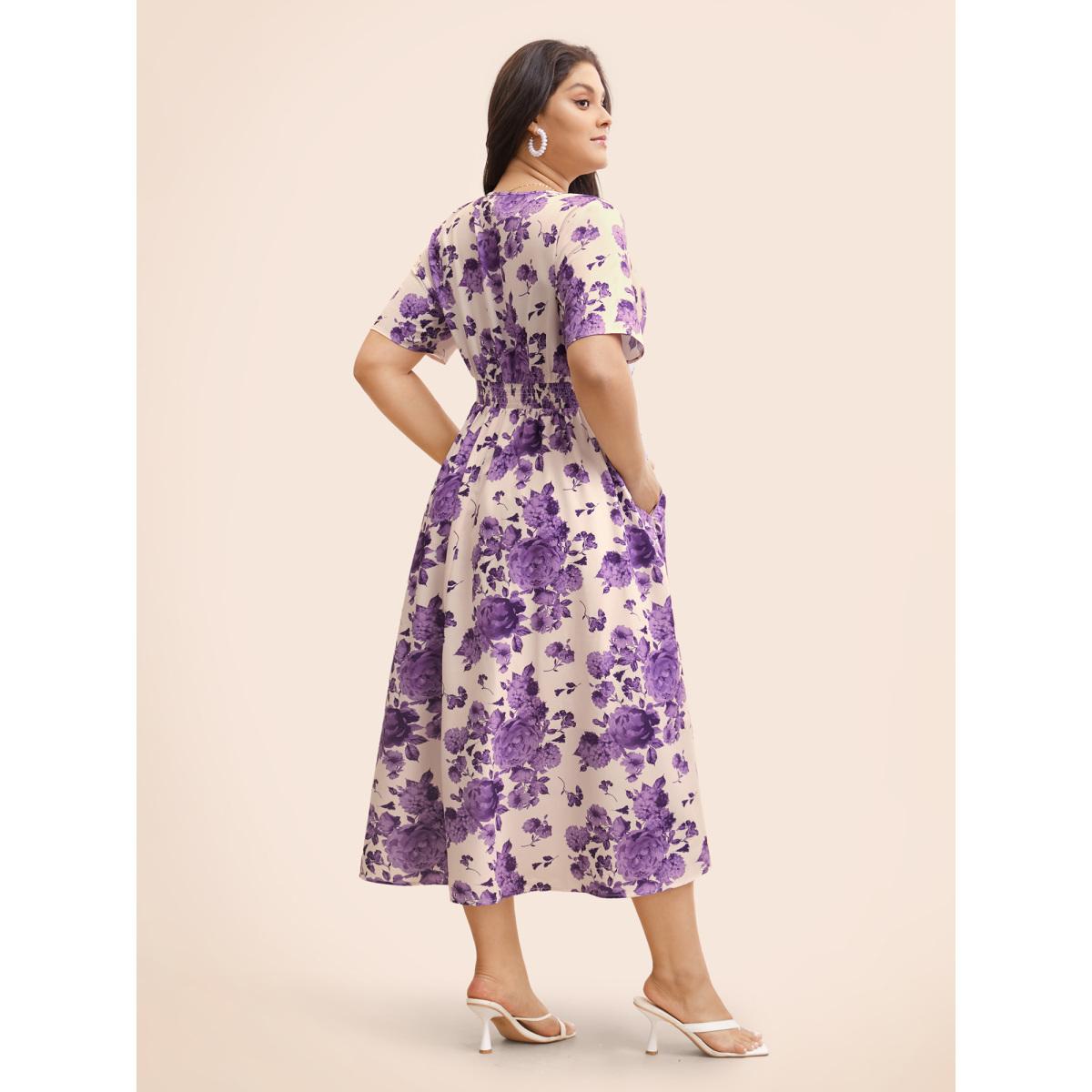 Plus Size Floral Print Split Side Shirred Dress BlueViolet Women Elegant Shirred V-neck Short sleeve Curvy BloomChic 18-20/2X Product Image
