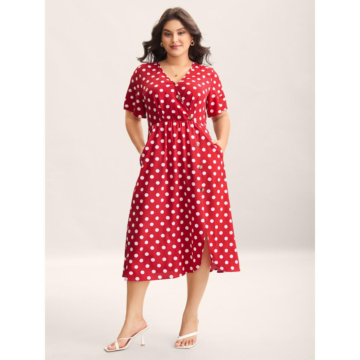 Plus Size Polka Dots Surplice Button Detail Midi Dress Burgundy Women Overlap Collar Short sleeve Curvy BloomChic 18-20/2X Product Image
