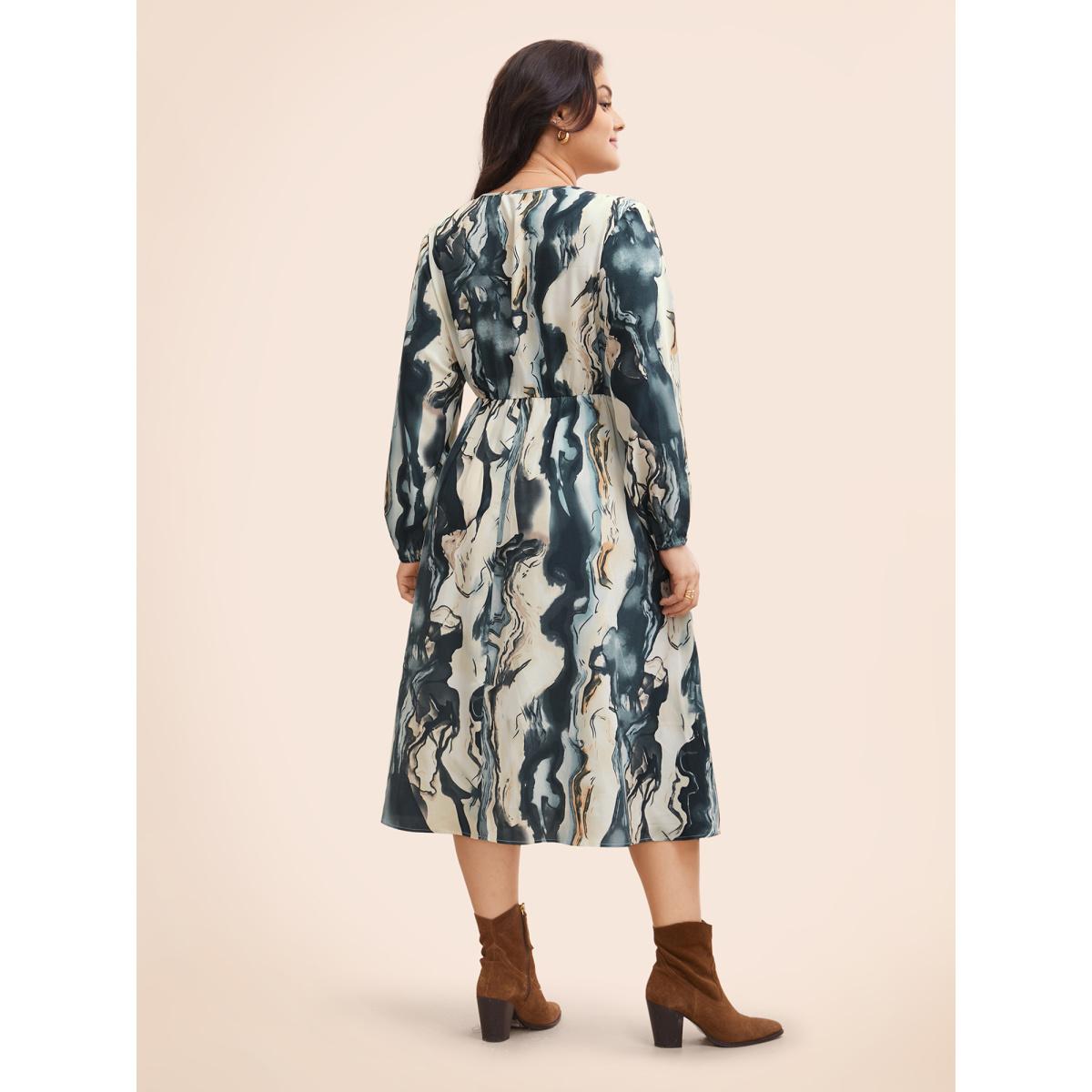 Plus Size Watercolor Floral Overlap Collar Midi Dress Aegean Women Elegant Gathered Overlap Collar Long Sleeve Curvy BloomChic 28/5X Product Image