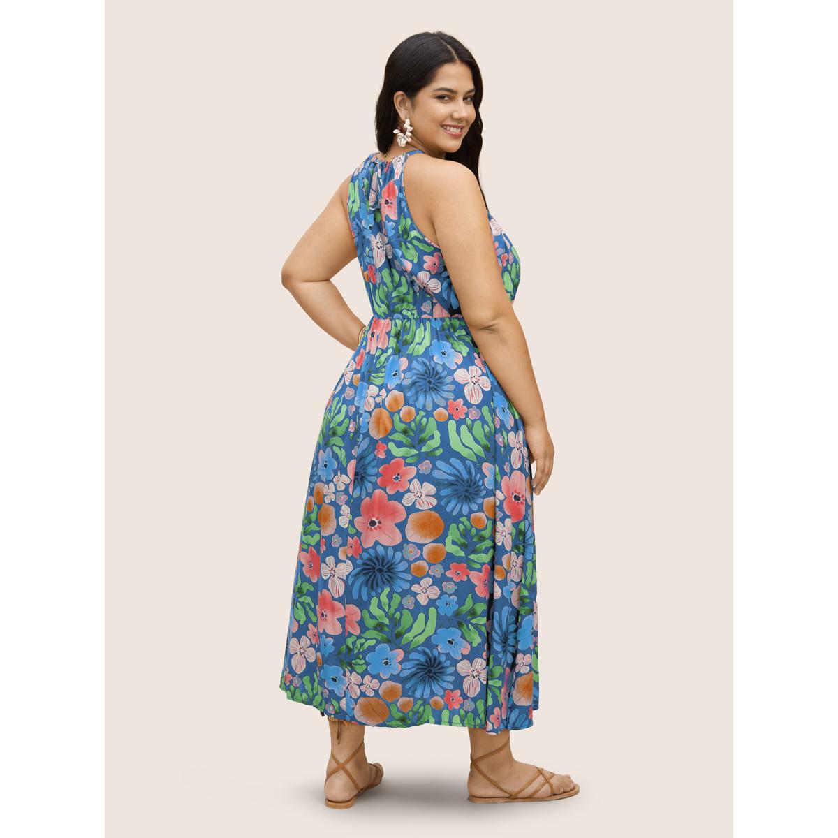 Plus Size Floral Printed Patchwork Side Seam Pocket Dress Skyblue Women Resort Gathered Non Sleeveless Curvy BloomChic 28/5X Product Image