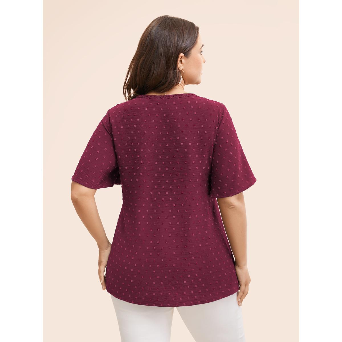 Plus Size Burgundy Polka Dot Frill Trim V Neck Flutter Blouse Women Elegant Short sleeve V-neck Work Blouses BloomChic 12/L Product Image