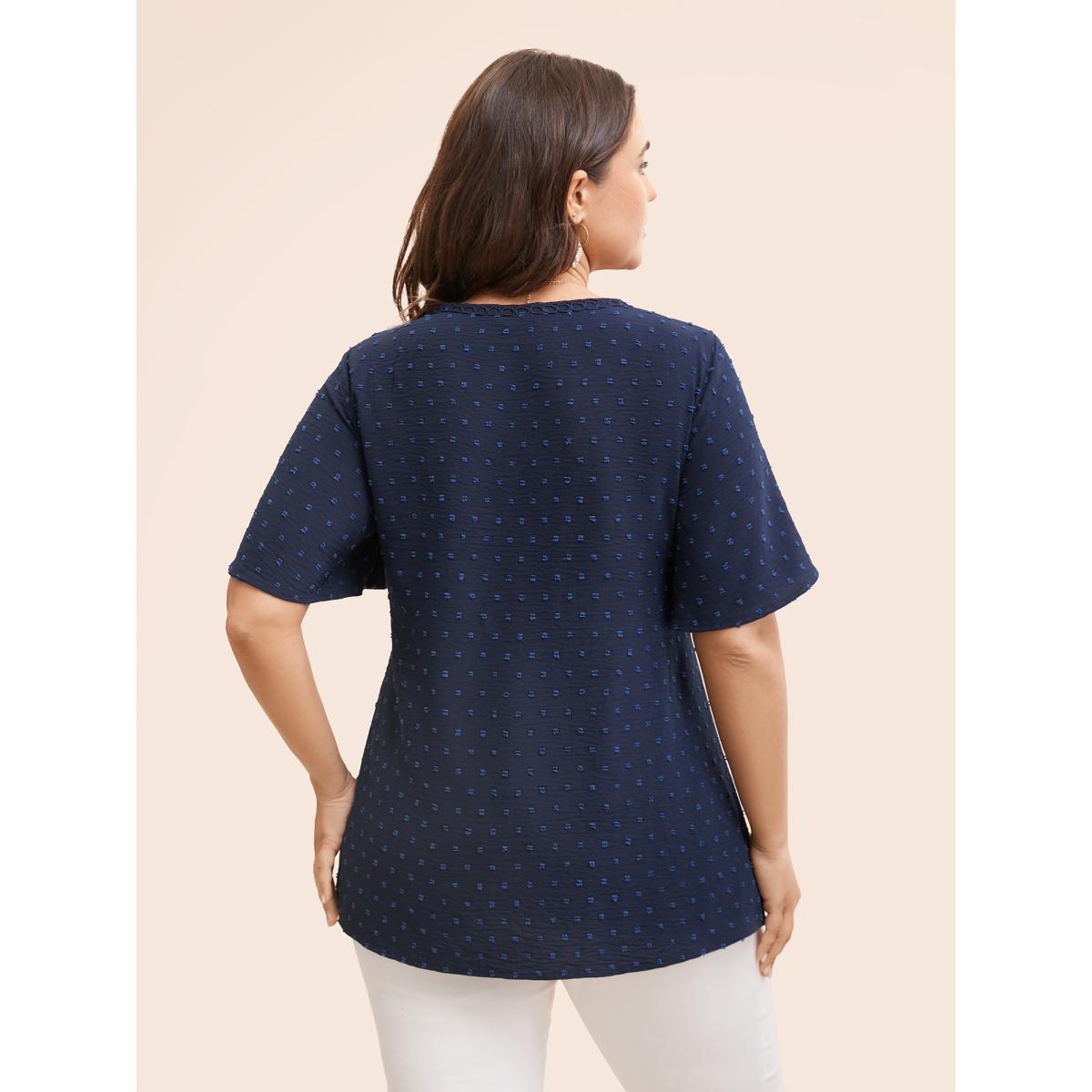 Plus Size Indigo Polka Dot Frill Trim V Neck Flutter Blouse Women Elegant Short sleeve V-neck Work Blouses BloomChic 26/4X Product Image