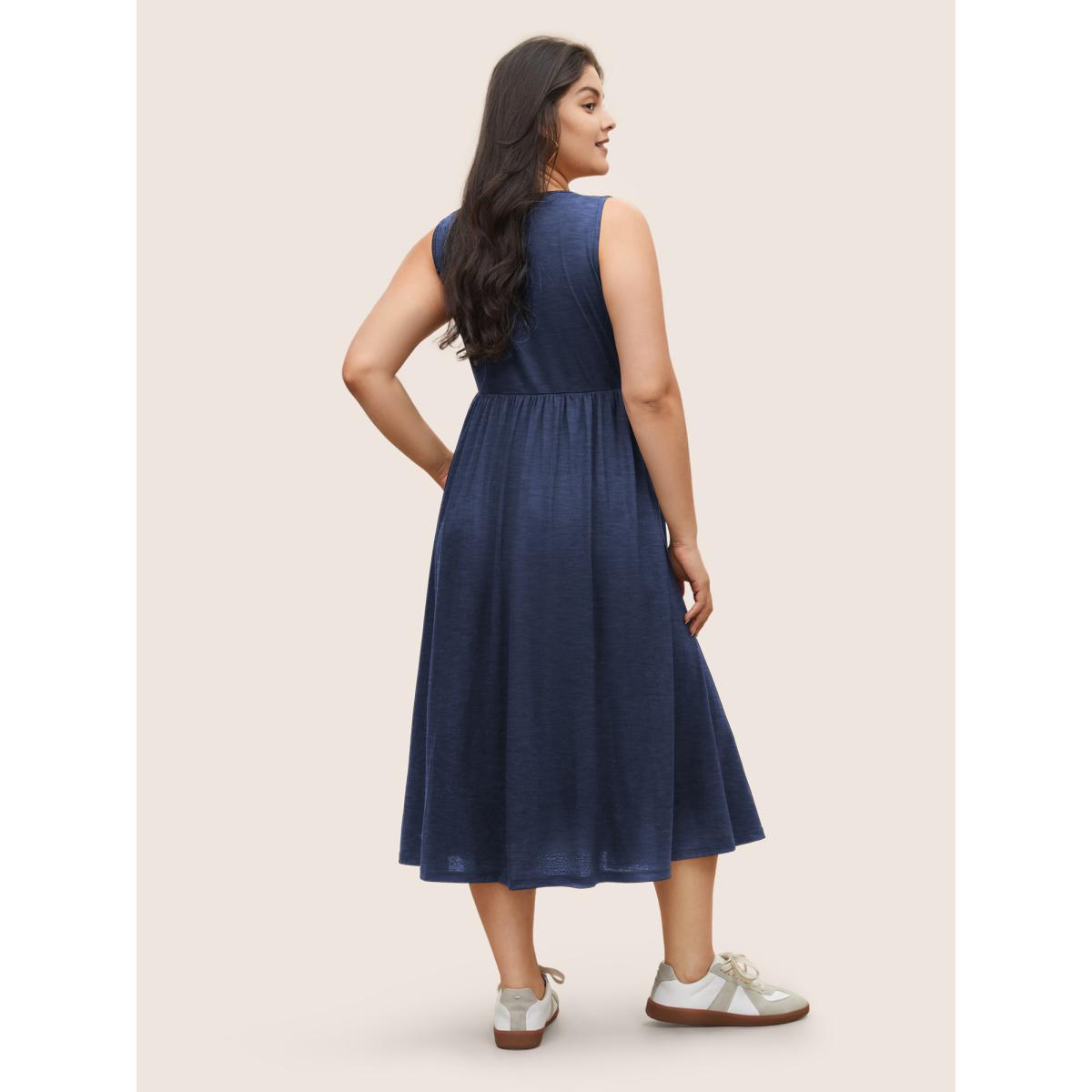 Plus Size Supersoft Essentials Solid Gathered Tank Dress Navy Women Basics Non U-neck Sleeveless Curvy Midi Dress BloomChic 10/M Product Image