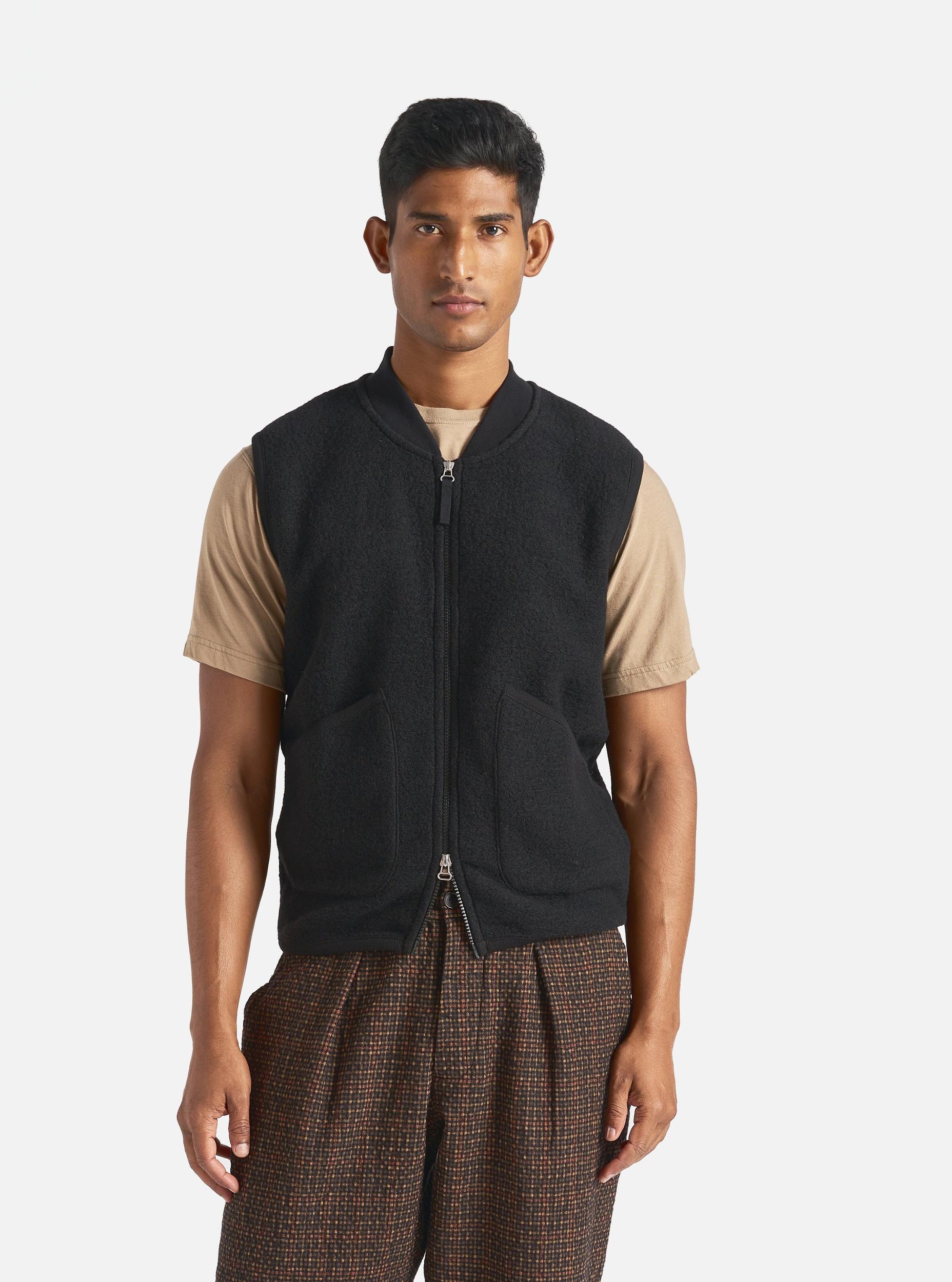 Universal Works Zip Waistcoat in Black Wool Fleece Product Image