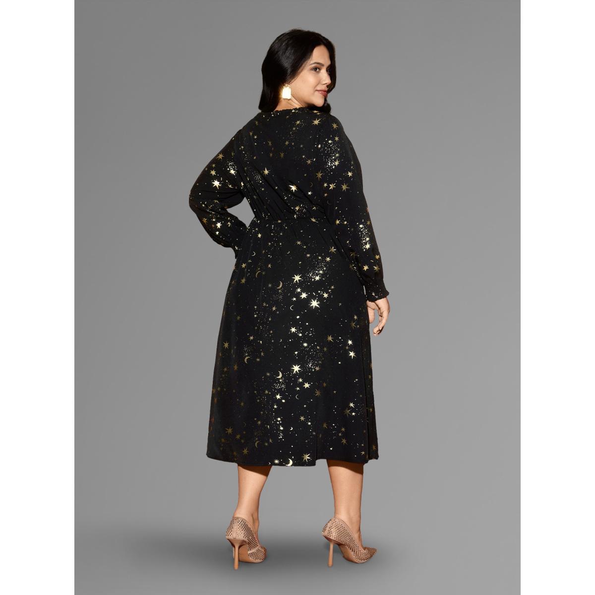 Plus Size Star Printed Lace Neckline Midi Dress Black Women Cocktail Frill Trim Party Curvy Bloomchic 10/M Product Image