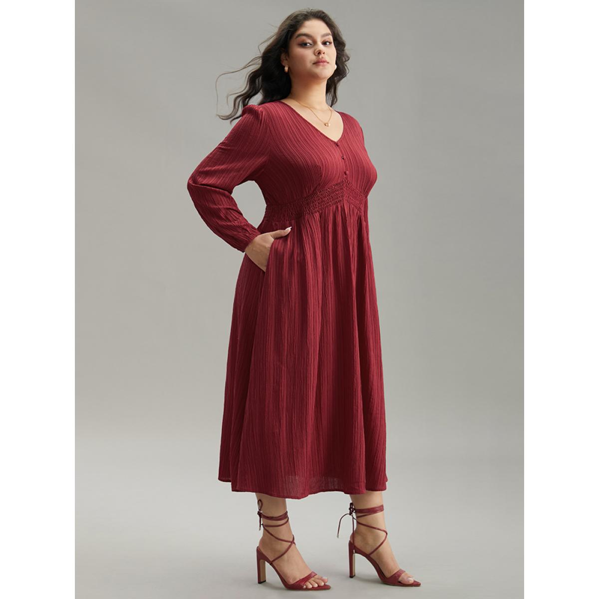 Plus Size Solid Plisse Button Detail Shirred Dress Scarlet Women Elegant Elastic cuffs V-neck Long Sleeve Curvy Midi Dress BloomChic 22-24/3X Product Image