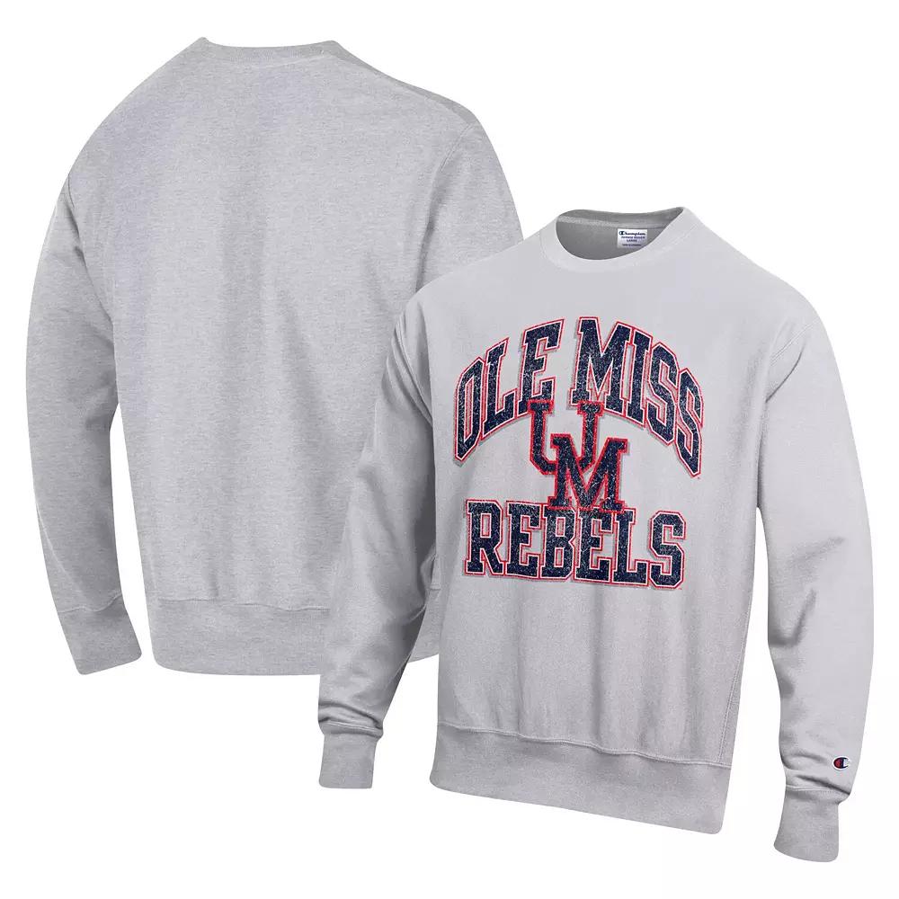 Men's Champion Heather Gray Ole Miss Rebels Vault Late Night Reverse Weave Pullover Sweatshirt,  Product Image
