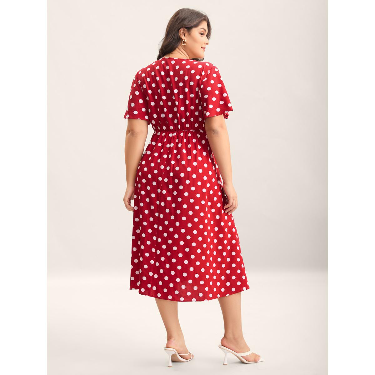Plus Size Polka Dots Surplice Button Detail Midi Dress Burgundy Women Overlap Collar Short sleeve Curvy BloomChic 18-20/2X Product Image