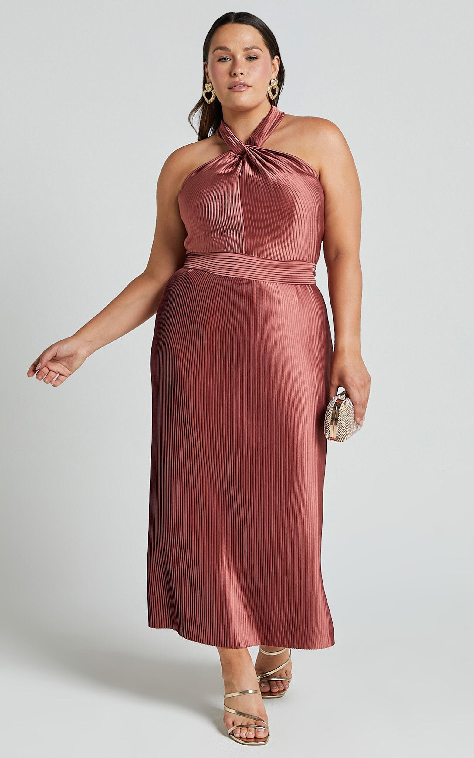 Marlette Midi Dress - Pleated Open Back Halter Dress in Rust Product Image