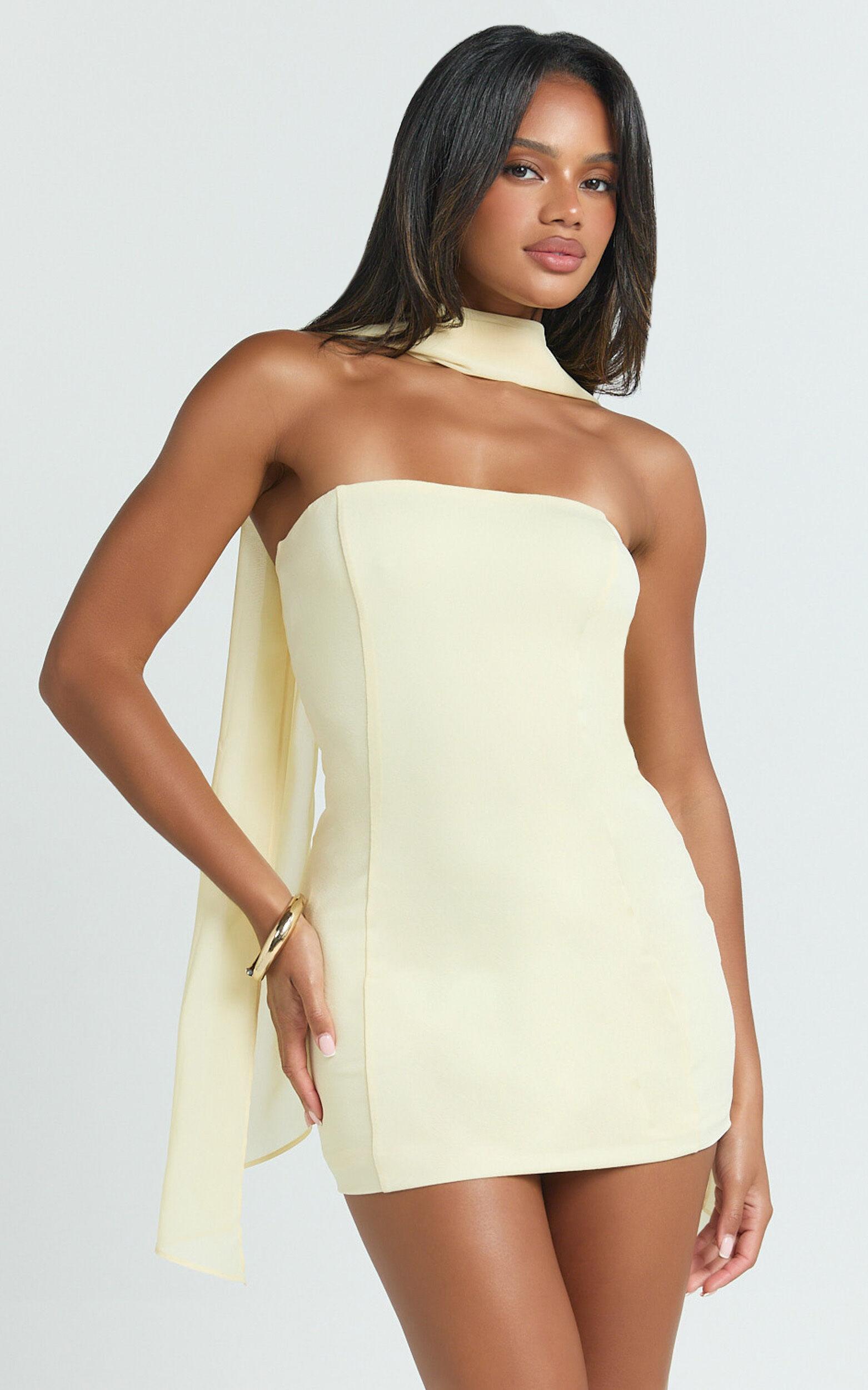 Sophie Mini Dress - Tie Neck Strapless Bodycon Dress in Lemon Product Image