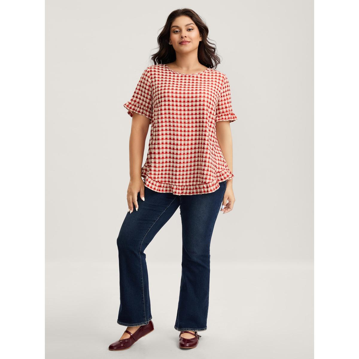 Plus Size Brightred Gingham Print Button Back Blouse Women Short sleeve Round Neck Everyday-Casual Blouses BloomChic 12/L Product Image