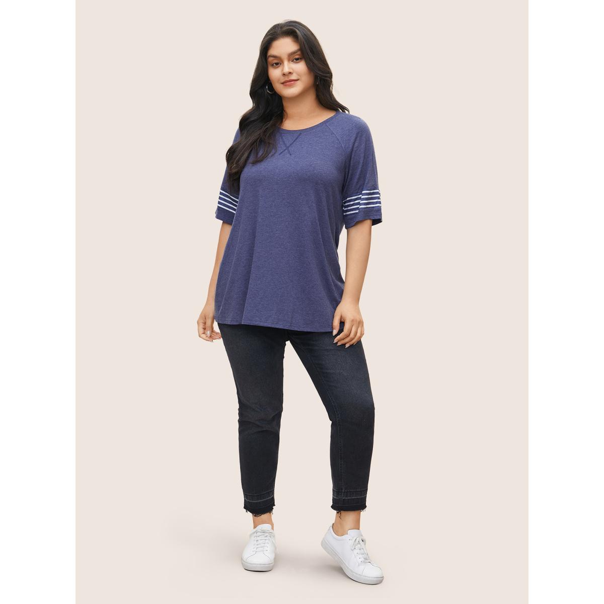 Plus Size Striped Contrast Raglan Sleeve Crew Neck T-shirt Indigo Women Casual Plain Everyday T-shirts BloomChic 14-16/1X Product Image