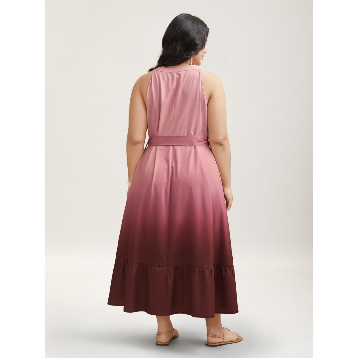 Plus Size Ombre Gradient Waist-Tie Pockets Midi Dress Plum Women Resort Gathered Round Neck Sleeveless Curvy BloomChic 18-20/2X Product Image