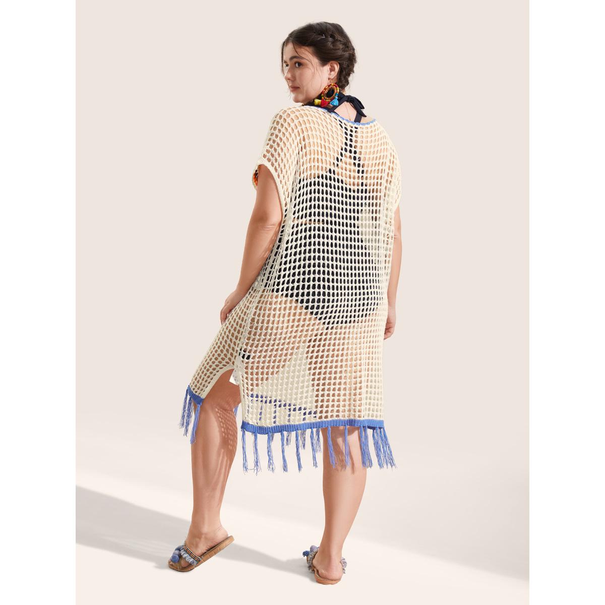 Plus Size Contrast Crochet Cut Out Slit Hem Swim Cover Up Women's Swimwear Ivory Beach Loose Crochet Curve Swim Cover Ups BloomChic 12/L Product Image