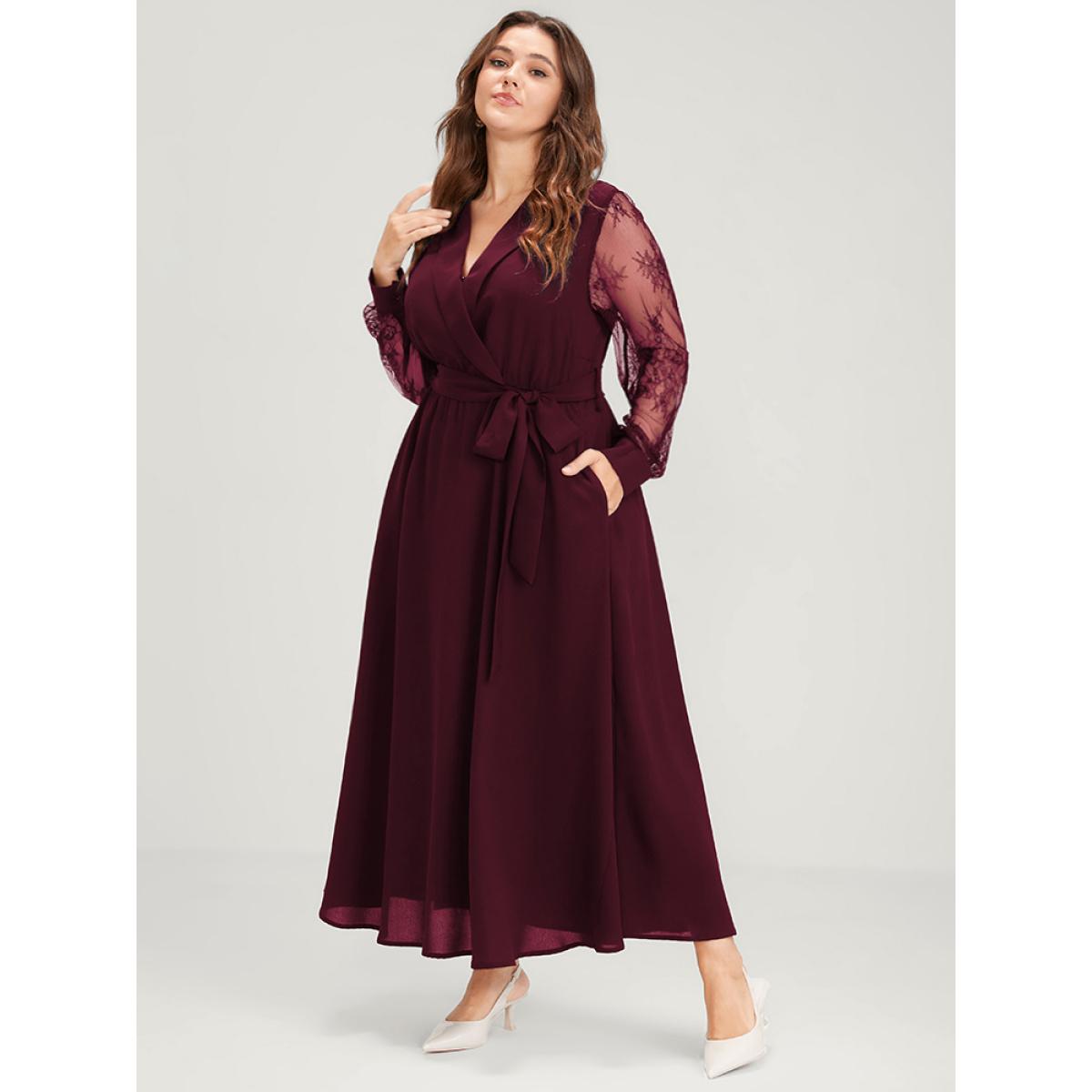 Plus Size Solid Lace Lantern Sleeve Button Lapel Collar Belted Maxi Dress Burgundy Women Elegant Cross straps Lapel Collar Long Sleeve Curvy Long Dress BloomChic 22-24/3X Product Image