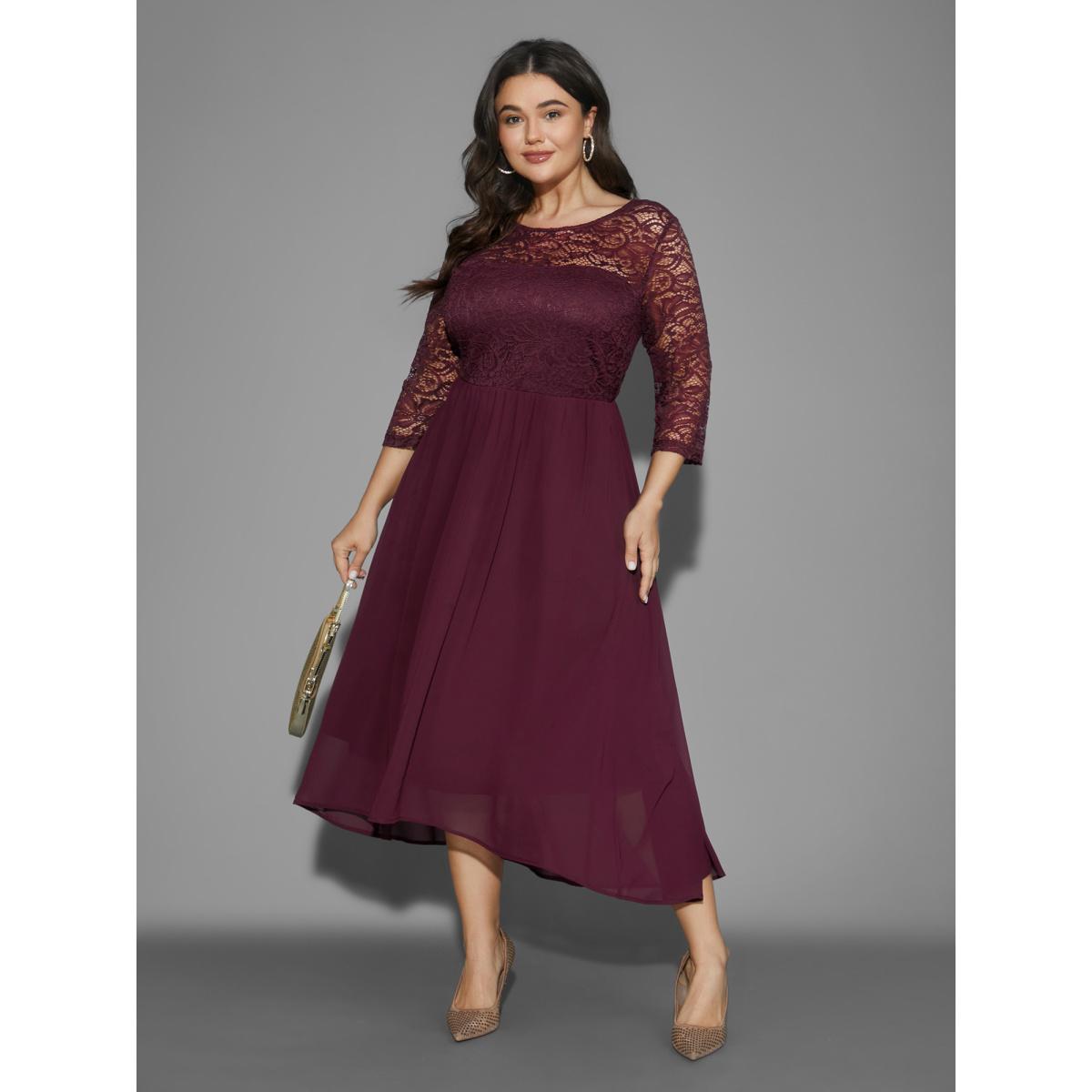 Plus Size Crochet Lace High Low Hem Midi Dress Burgundy Women Cocktail Woven ribbon&lace trim Party Curvy Bloomchic 14-16/1X Product Image