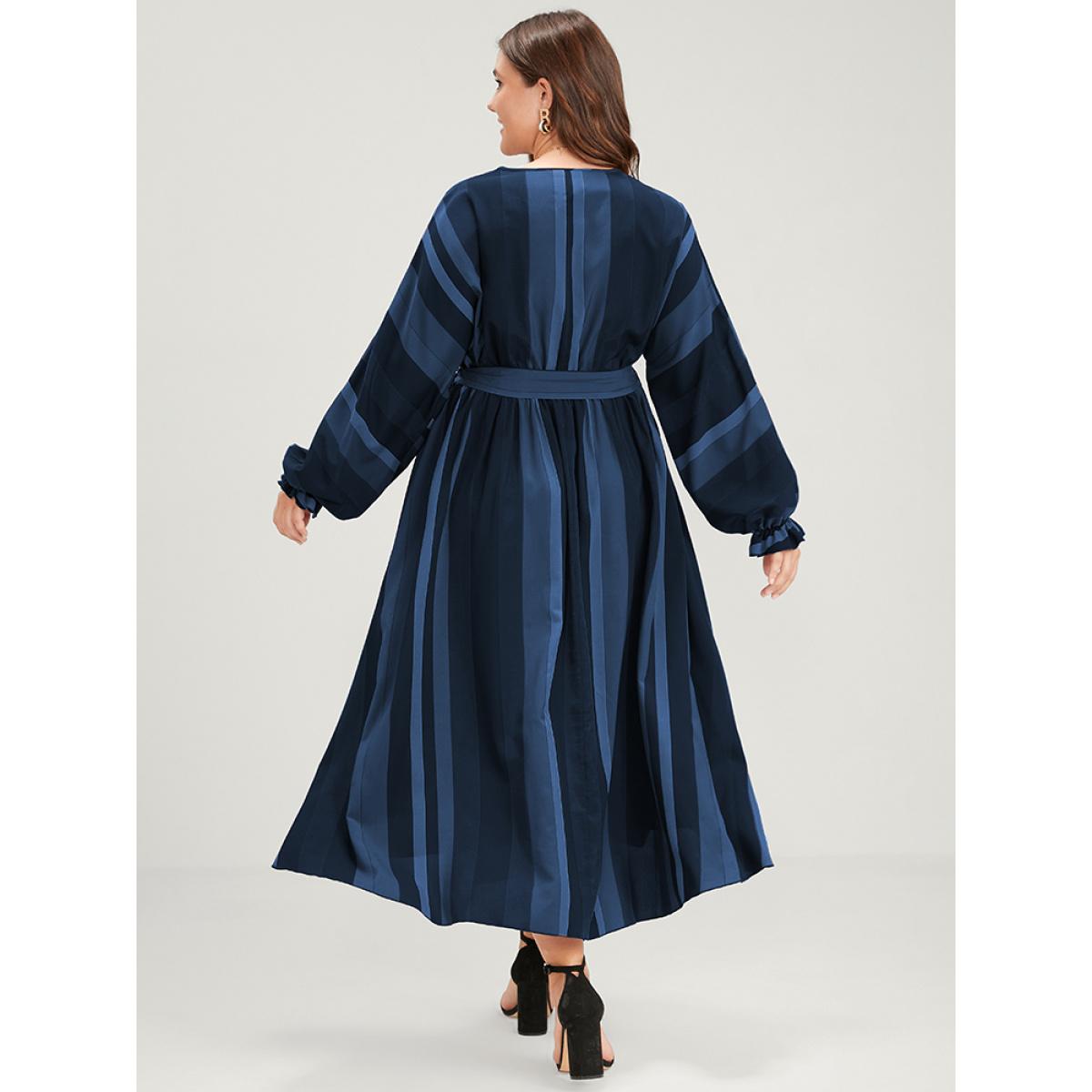 Plus Size Striped Pocket Dolman Sleeve Wrap Button Flutter Belted Split Dress DarkBlue Women Vacation Cross straps V-neck Long Sleeve Curvy Long Dress BloomChic 26/4X Product Image