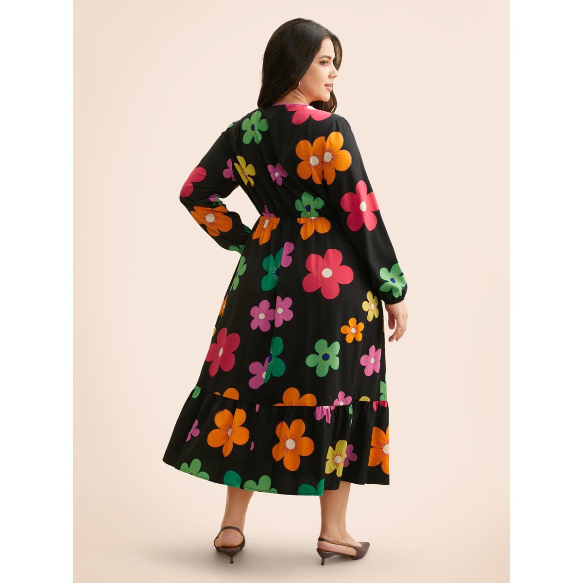 Plus Size Colored Floral Tie Knot Midi Dress Black Women Casual Tie knot Round Neck Long Sleeve Curvy BloomChic 12/L Product Image