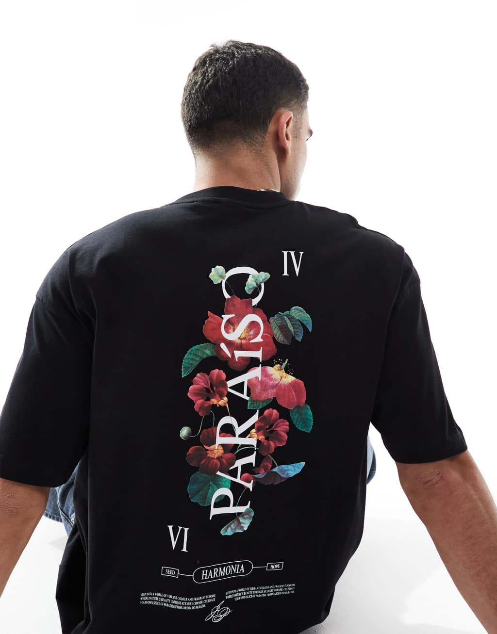 ASOS DESIGN oversized t-shirt with floral graphic in black Product Image