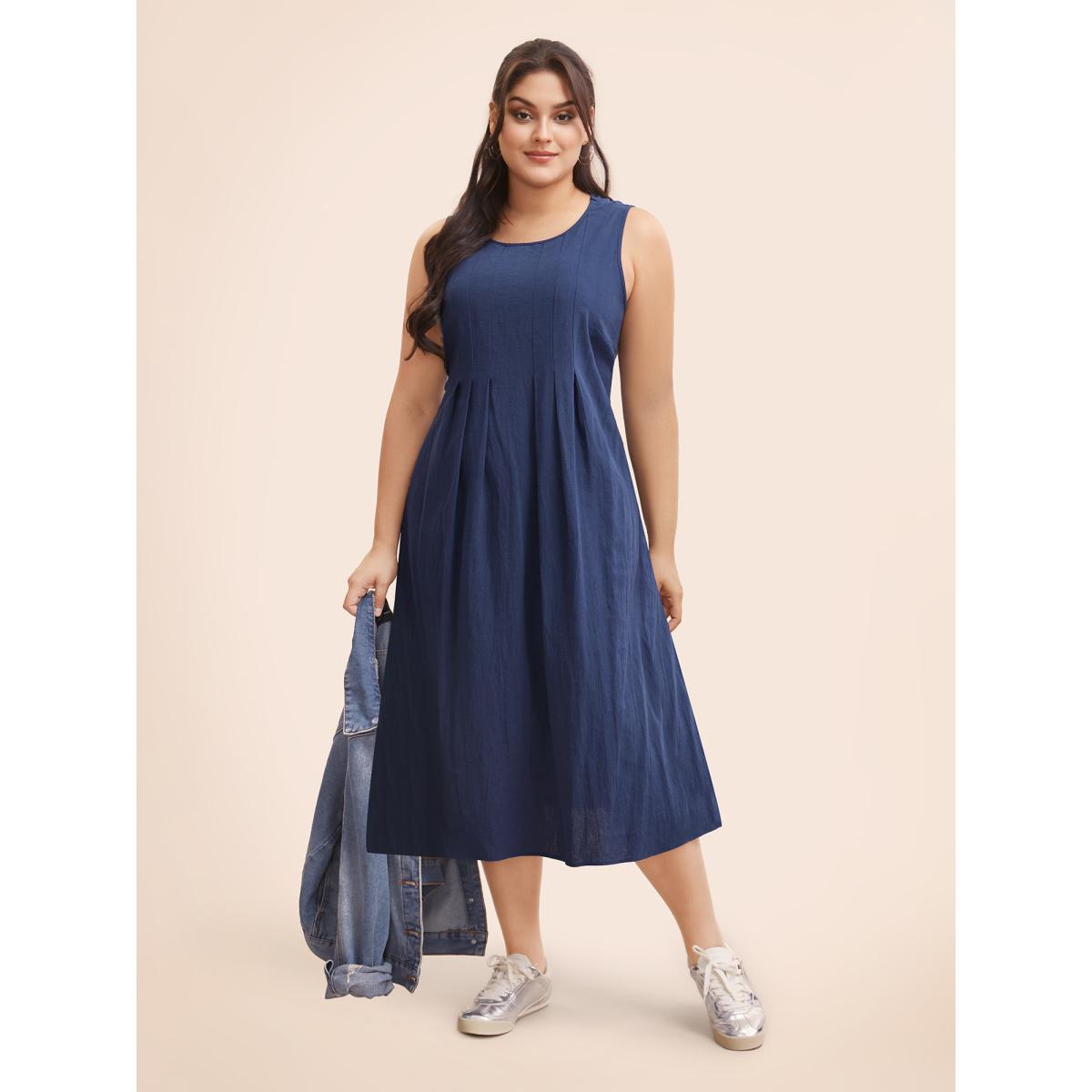 Plus Size Crew Neck Pleated Tank Dress Indigo Women Casual Pleated Round Neck Sleeveless Curvy BloomChic 18-20/2X Product Image