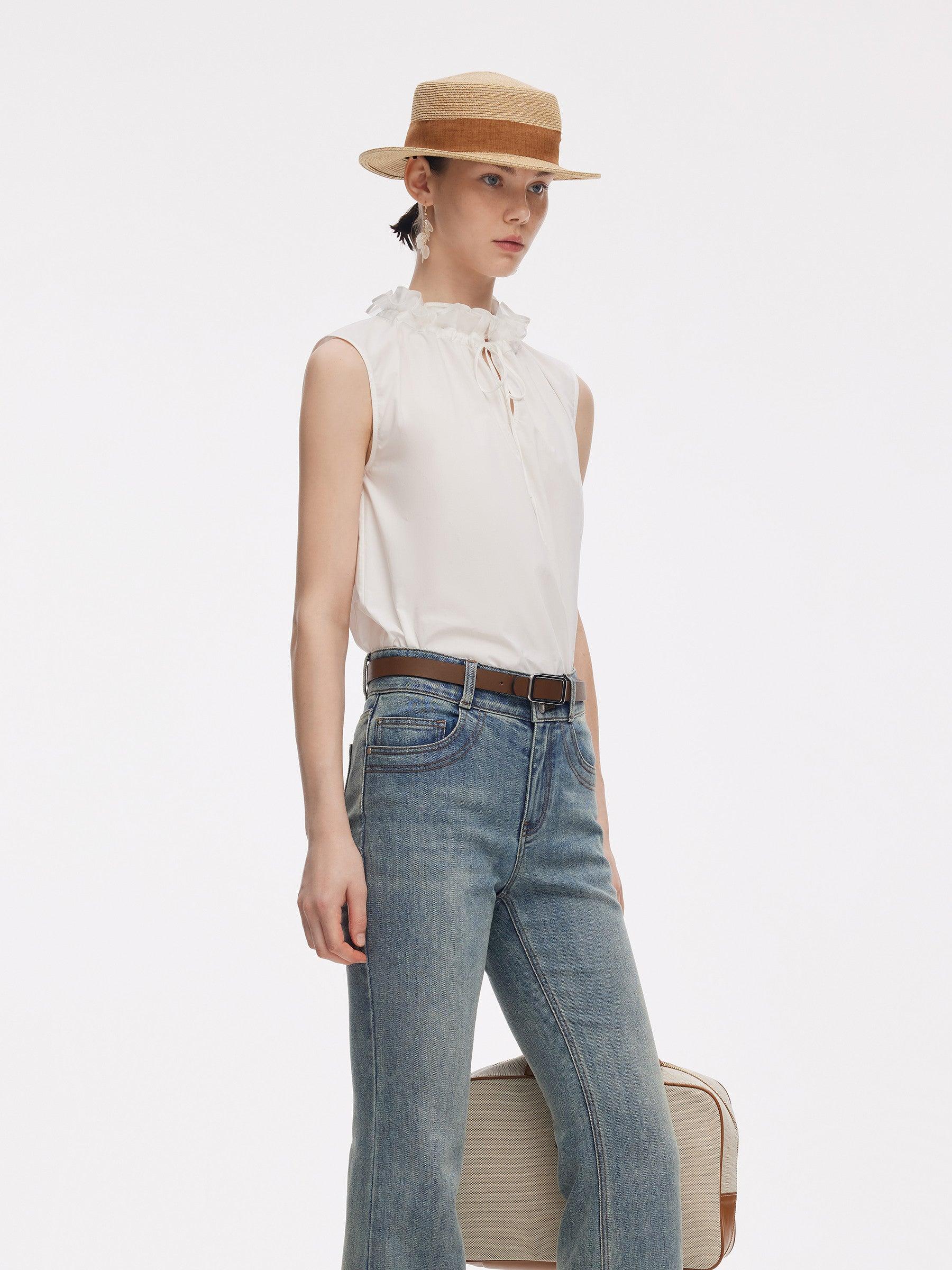 100% Cotton Ruffled Collar Women Sleeveless Blouse Product Image