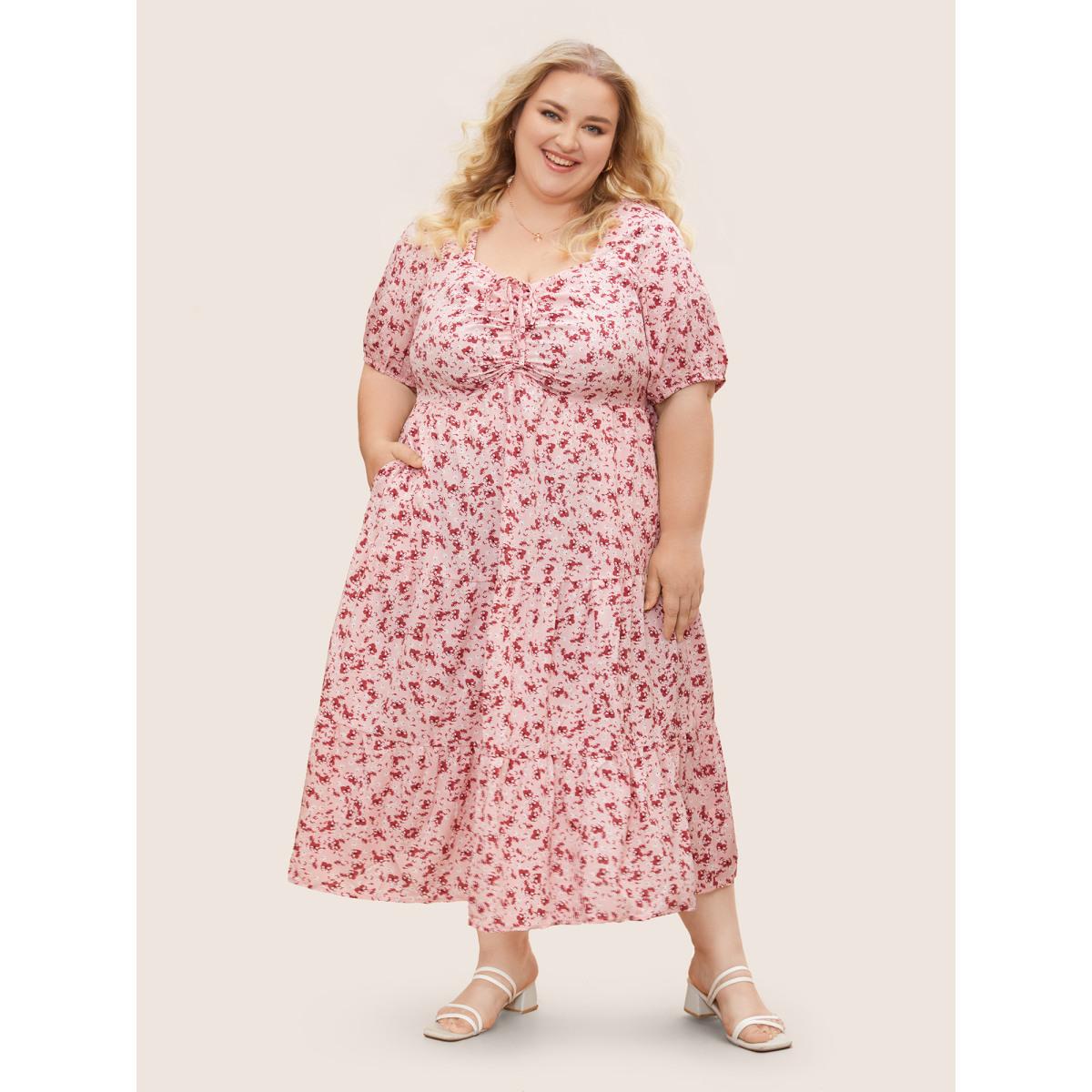 Plus Size Ditsy Floral Ruffle Tiered Pocket Ruched Puff Sleeve Drawstring Dress Watermelon Women Elegant Non Square Neck Short sleeve Curvy BloomChic 22-24/3X Product Image