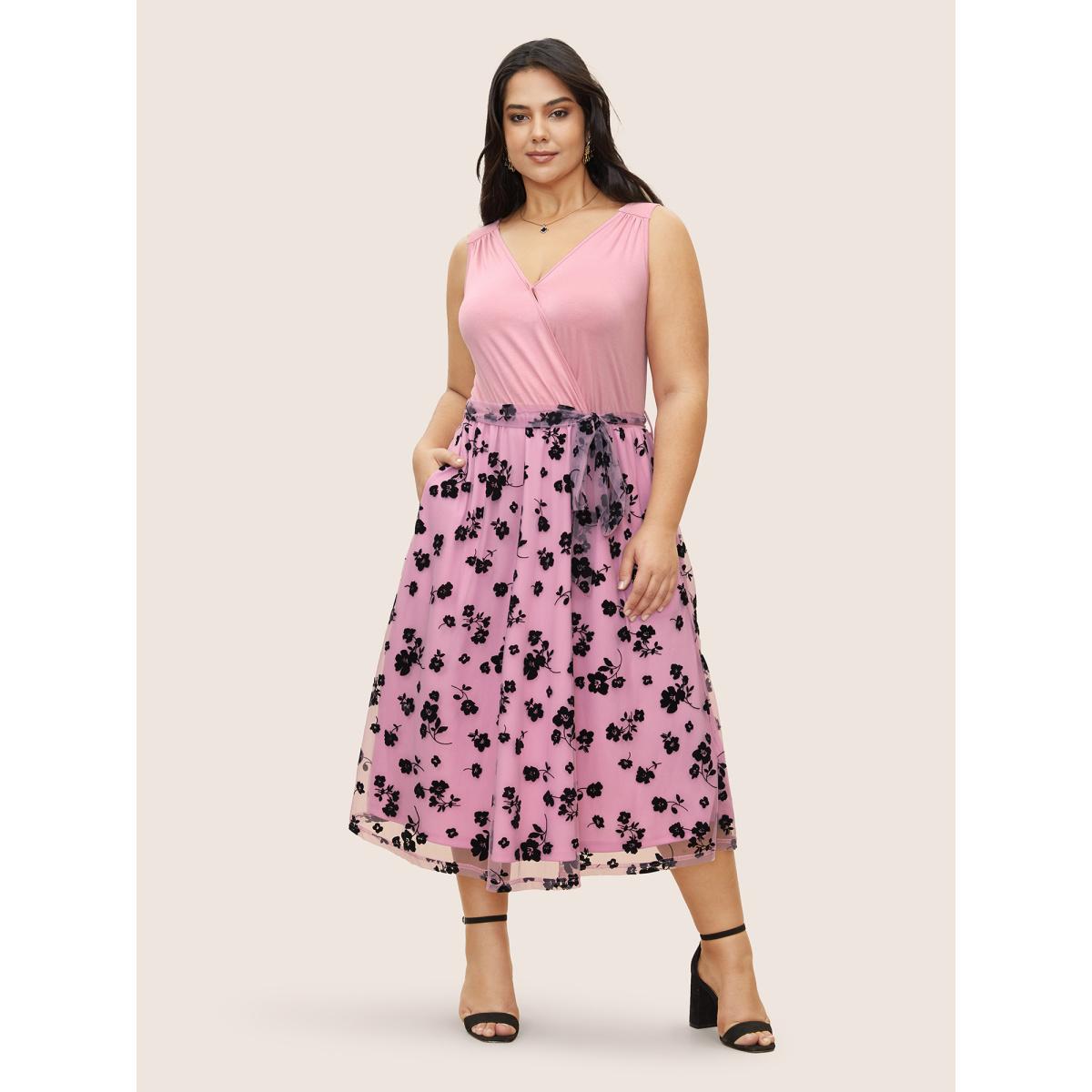 Plus Size Floral Mesh Patchwork Surplice Neck Tank Dress Pink Women Party&Cocktail Non Overlap Collar Sleeveless Curvy Midi Dress BloomChic 10/M Product Image