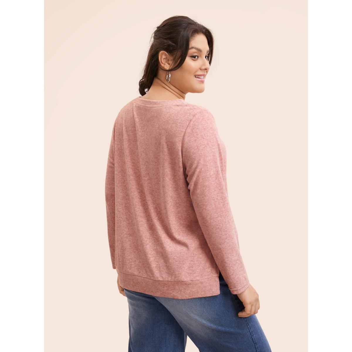 Plus Size V Neck Button Detail Split Hem T-shirt Beanpastepowder Women Casual Button V-neck Everyday T-shirts BloomChic 10/M Product Image