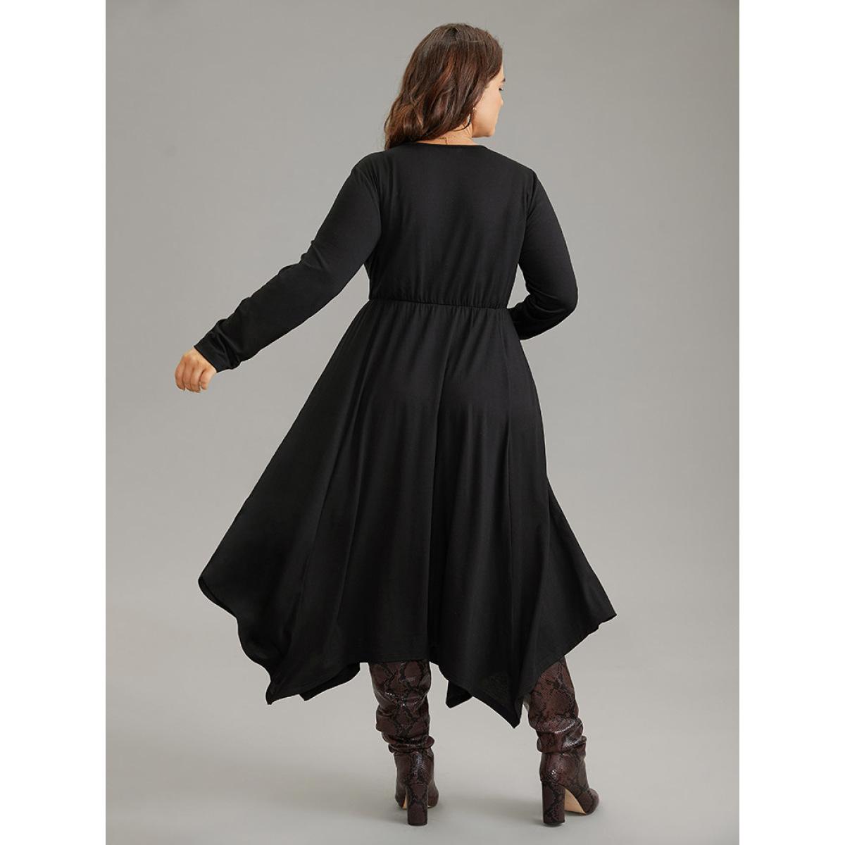 Plus Size Supersoft Essentials Button Detail Hanky Hem Scoop Neck Dress Black Women Office Gathered Scoop Neck Long Sleeve Curvy Midi Dress BloomChic 12/L Product Image