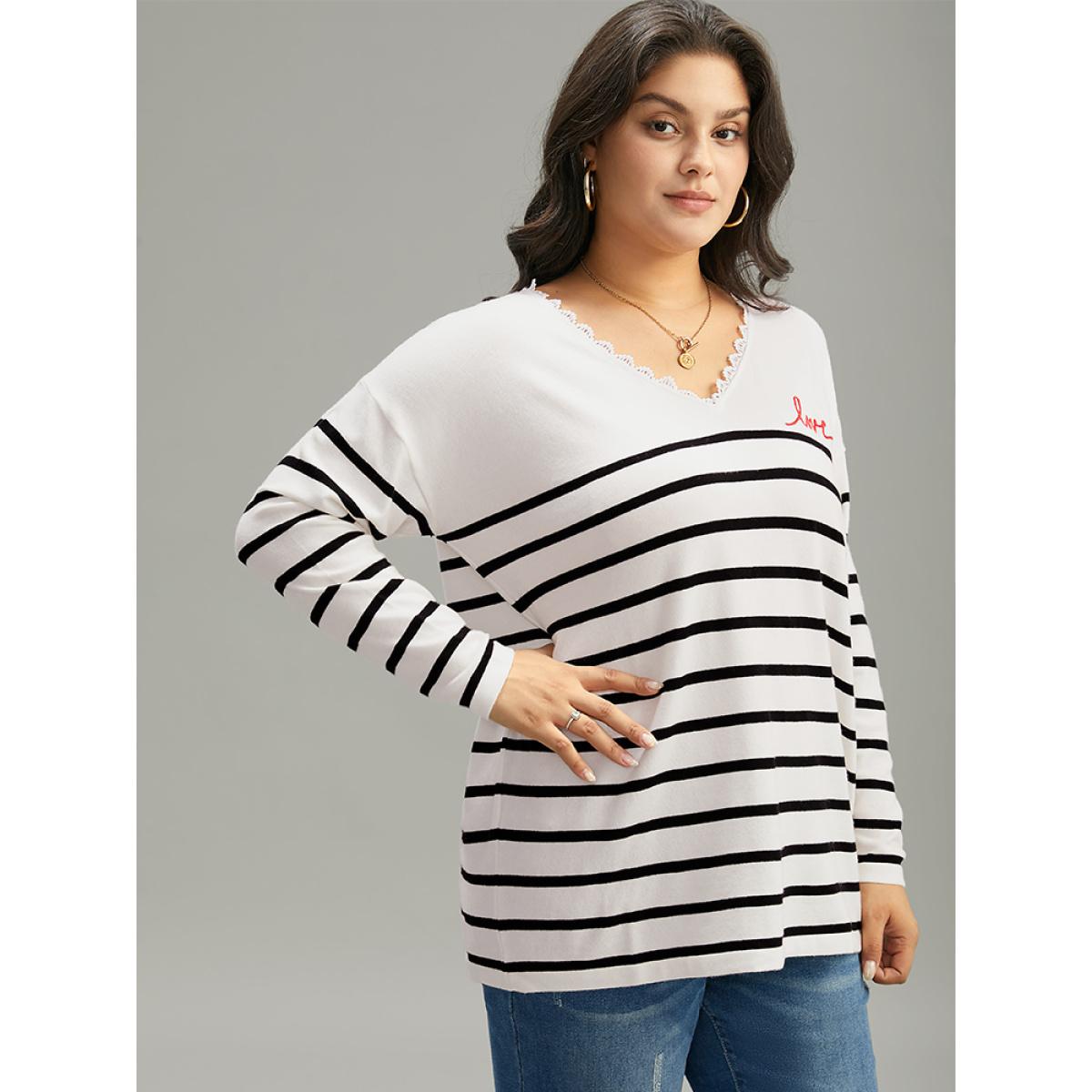 Plus Size Supersoft Essentials Striped Letter Embroidered Lace Panel Pullover Beige Women Casual Loose Long Sleeve V-neck Dailywear Pullovers BloomChic 26/4X Product Image